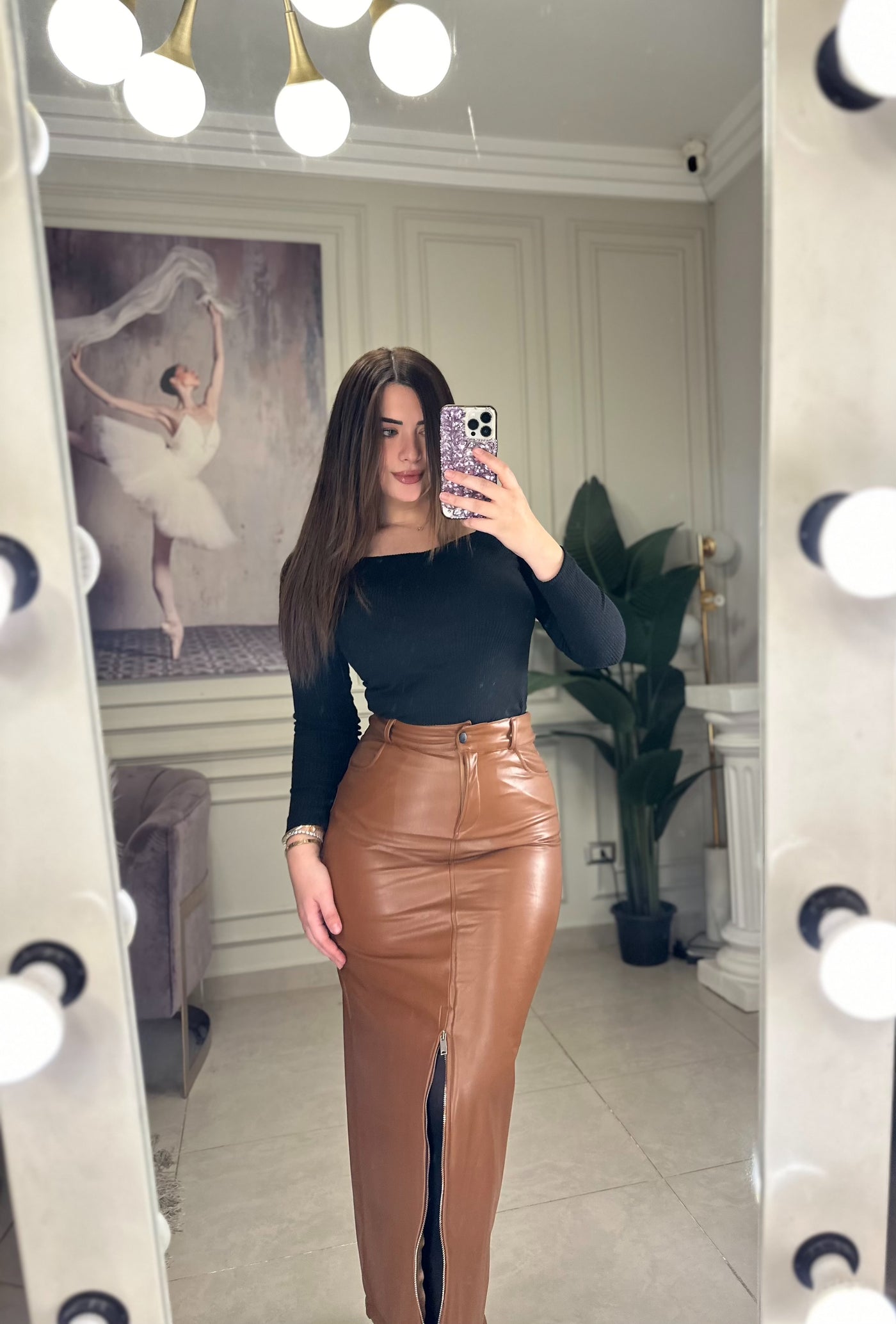 All I Need Zip Maxi Leather Skirt -Camel