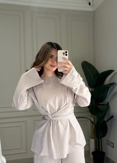 No Filter Wrap Linen Blouse-Latte