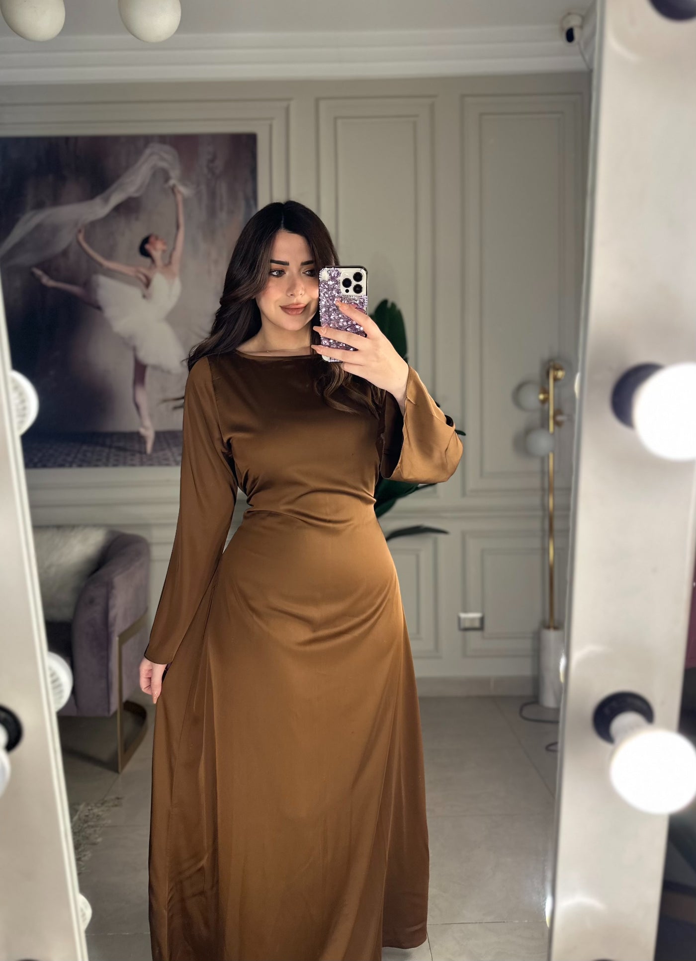 Snatched Waist Silky Basic Dress - Hazelnut