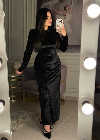 Jealous Looks Tassels Velvet Dress - Black