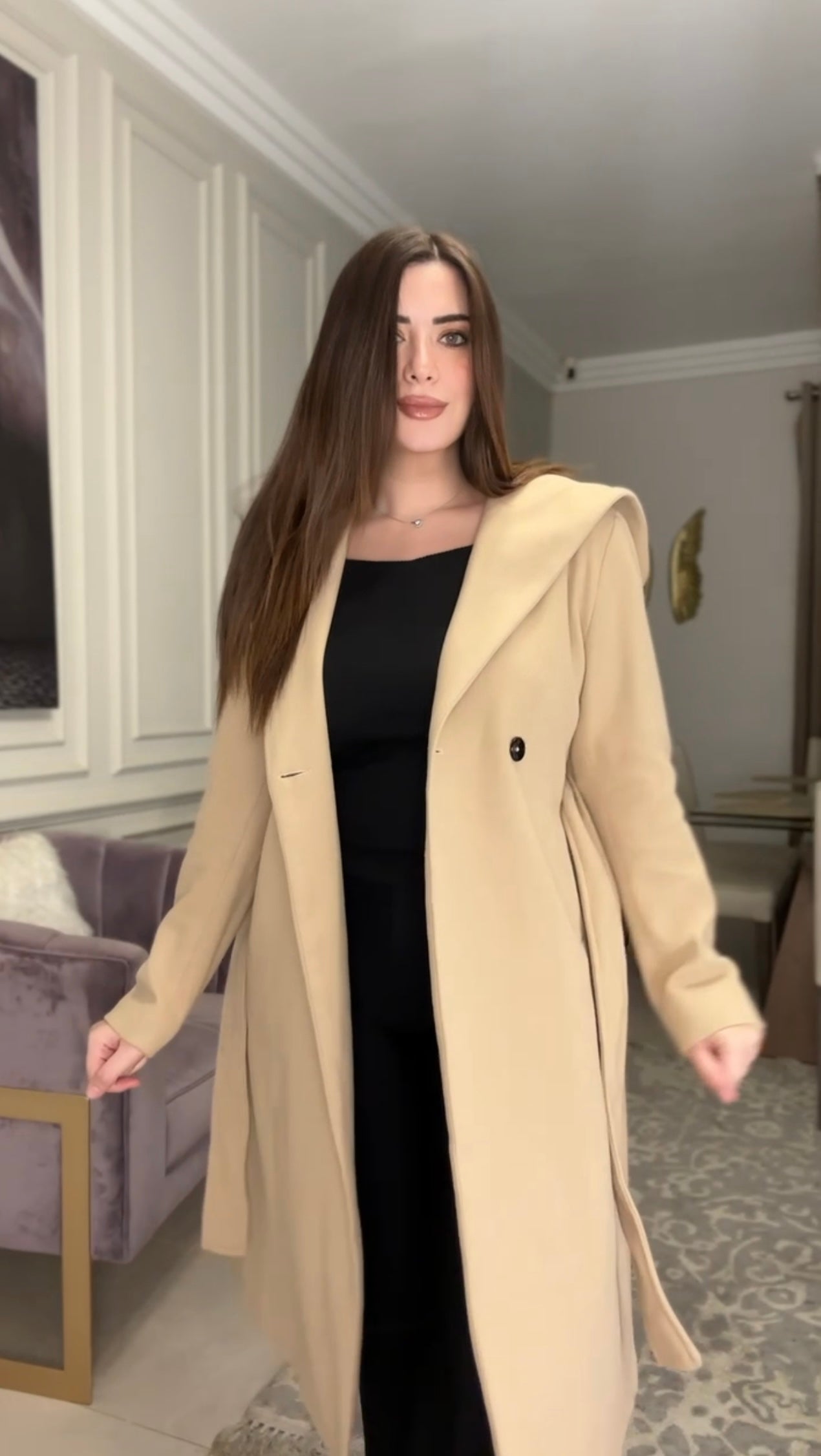 Prague Hooded Wool Coat -Beige