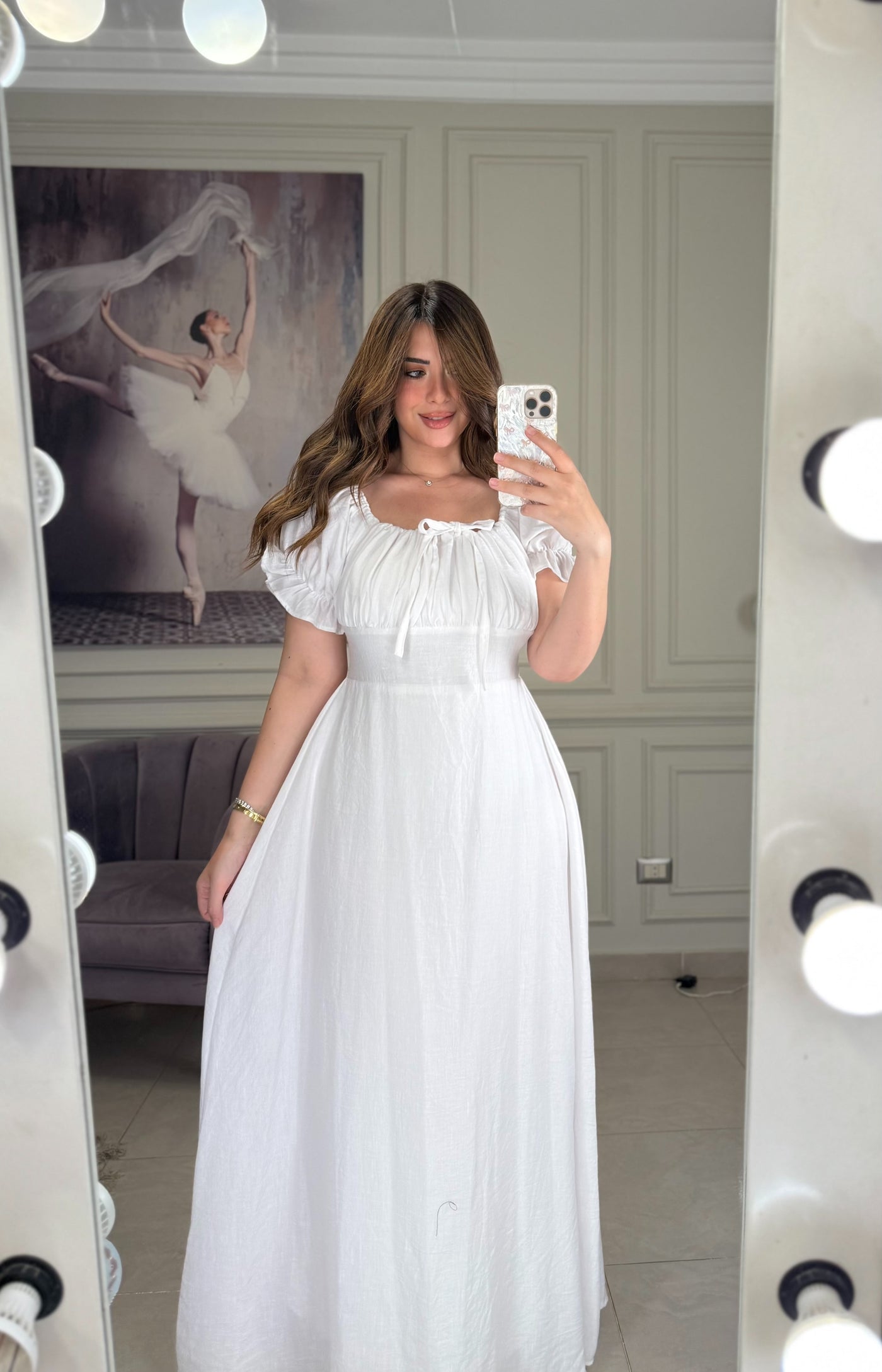 Soft Girl Era Linen Dress Half Sleeves - White