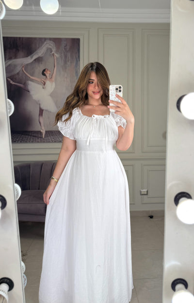 Soft Girl Era Linen Dress Half Sleeves - White