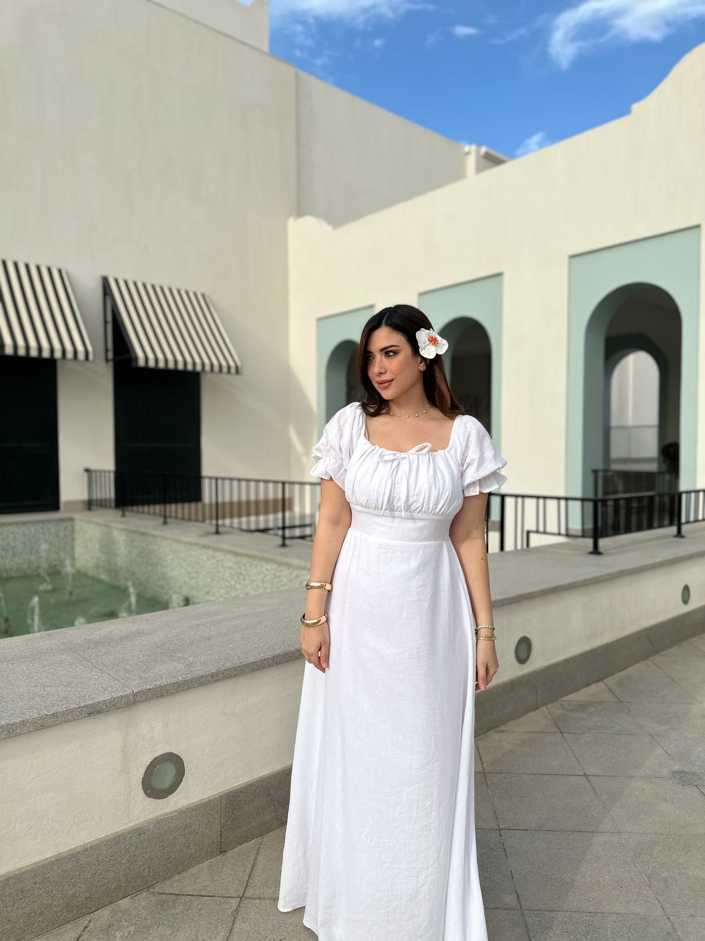 Soft Girl Era Linen Dress Half Sleeves - White