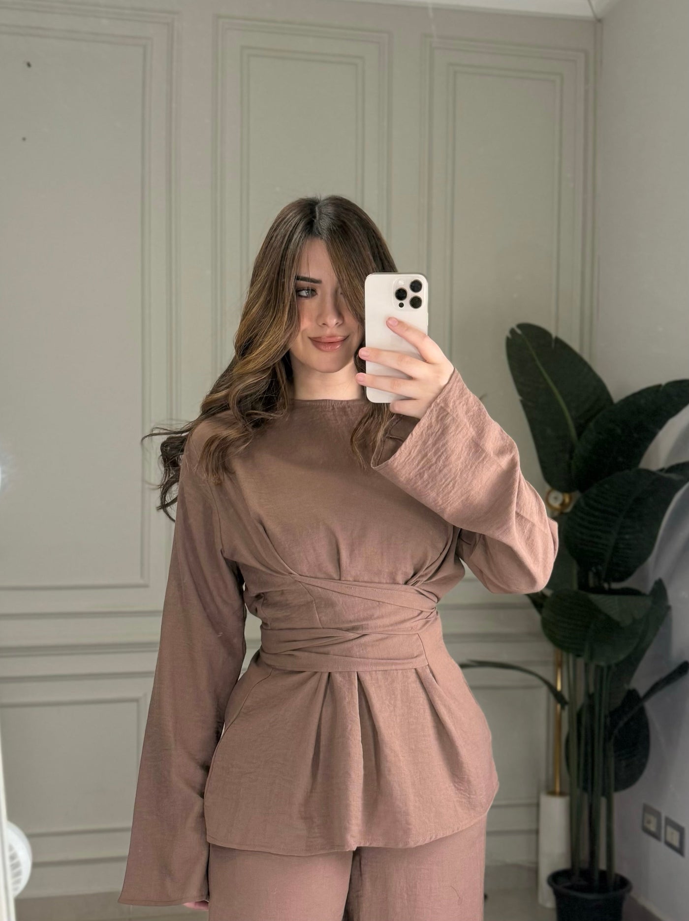 No Filter Wrap Linen Blouse-Hazelnut