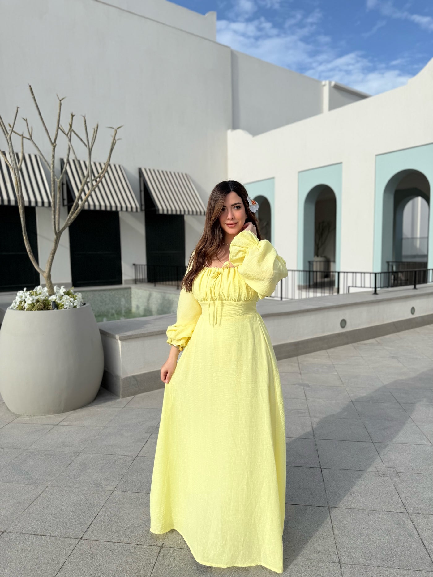 Soft Girl Era Linen Dress Long Sleeves - Yellow
