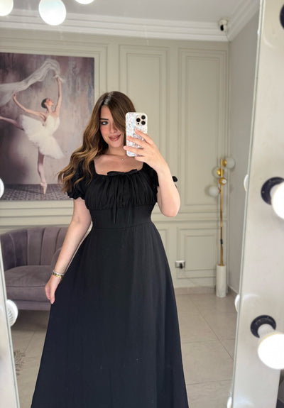 Soft Girl Era Linen Dress Half Sleeves - Black