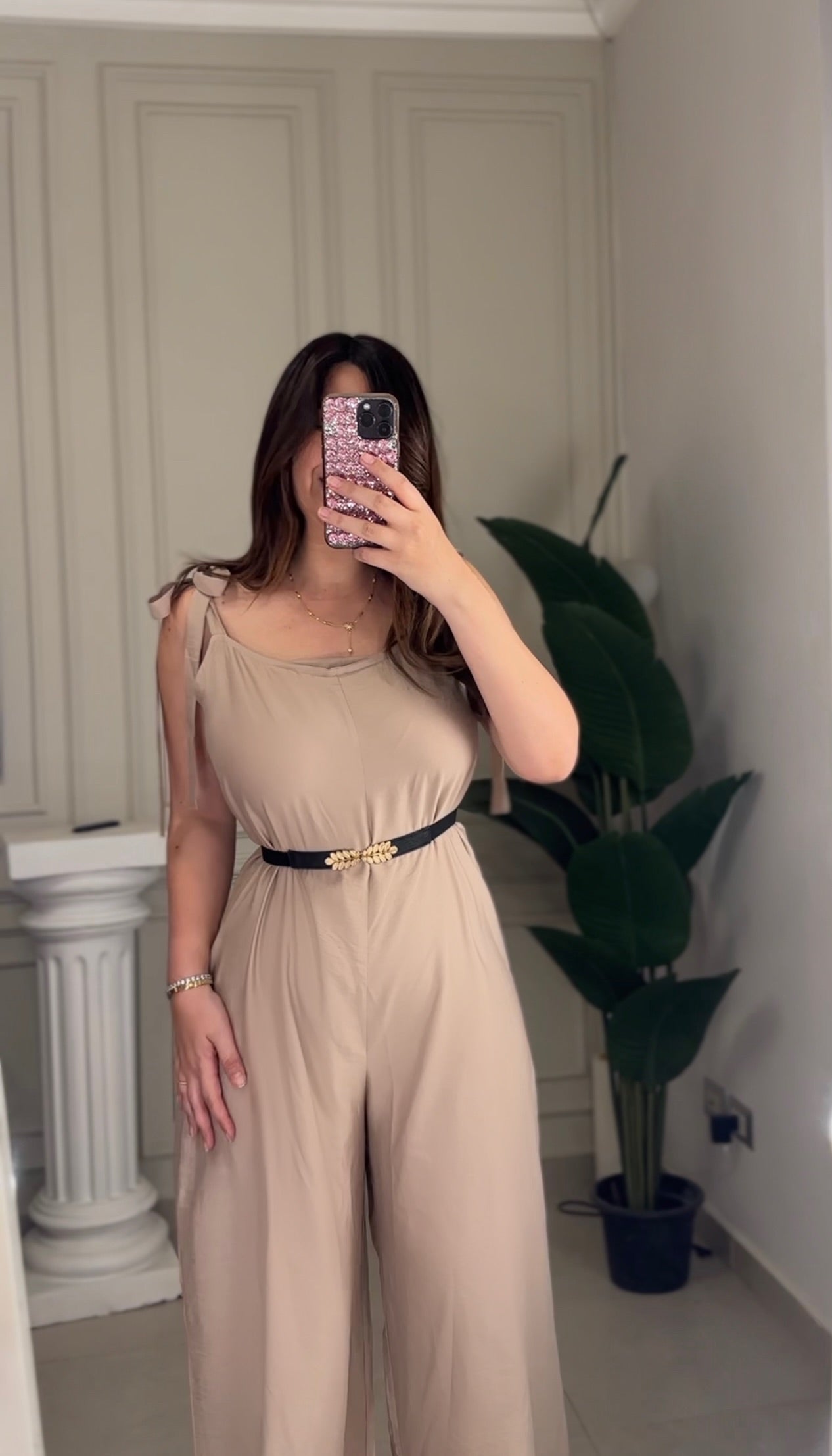 Cute Girl Wide Leg Jumpsuit - Latte
