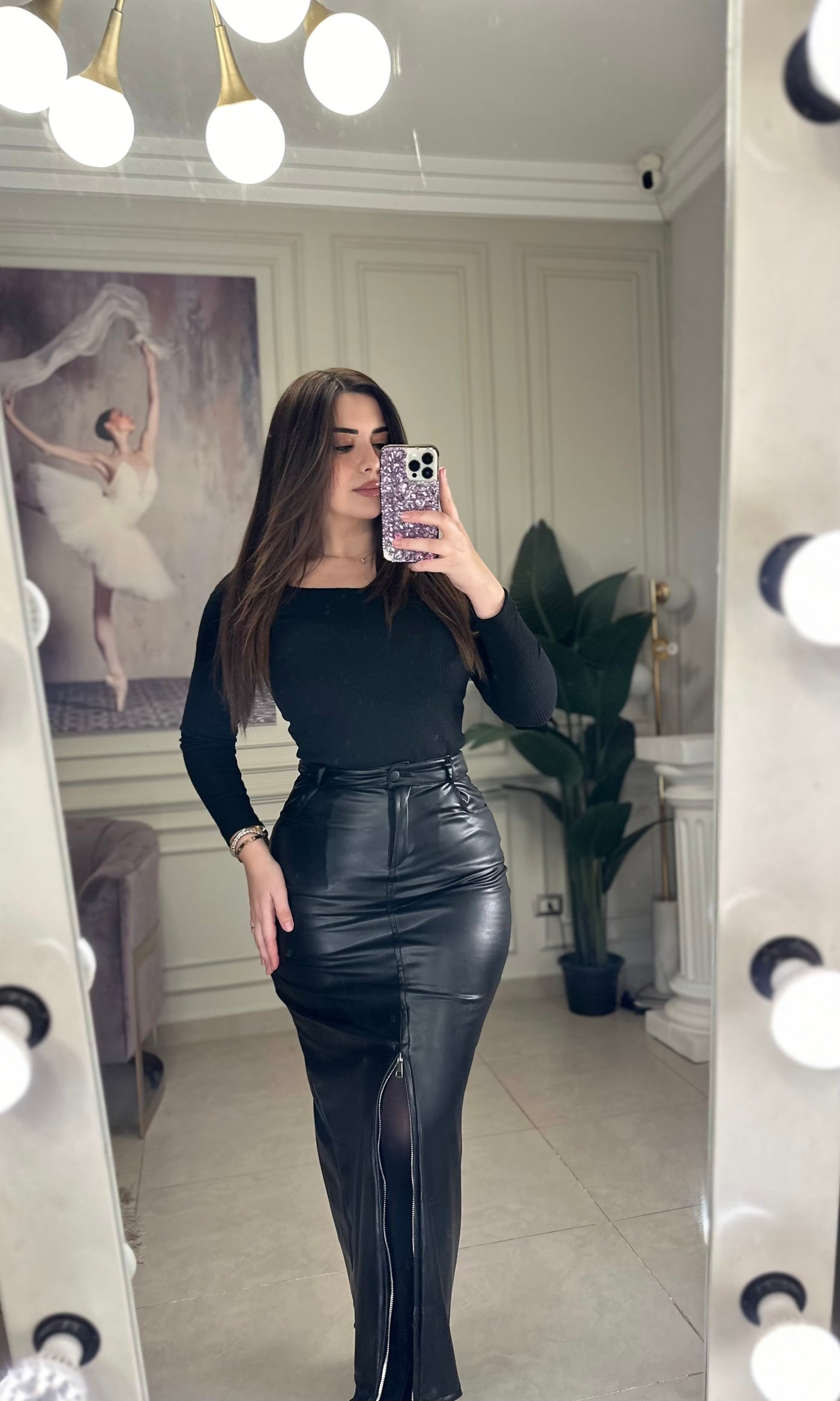 All I Need Zip Maxi Leather Skirt -Black