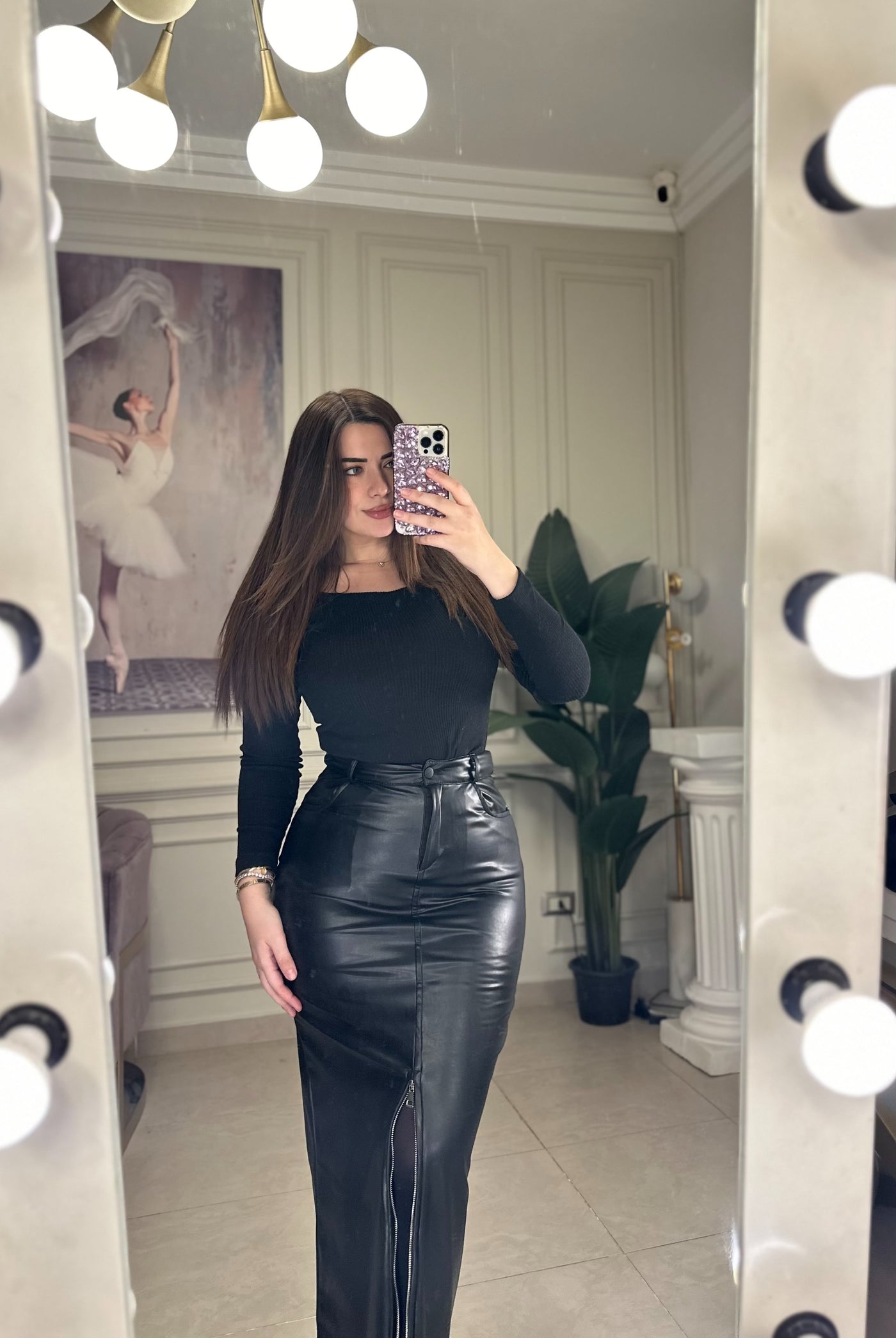 All I Need Zip Maxi Leather Skirt -Black