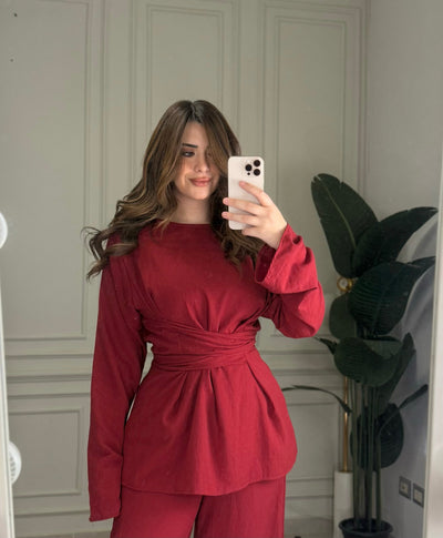 No Filter Wrap Linen Blouse-Red