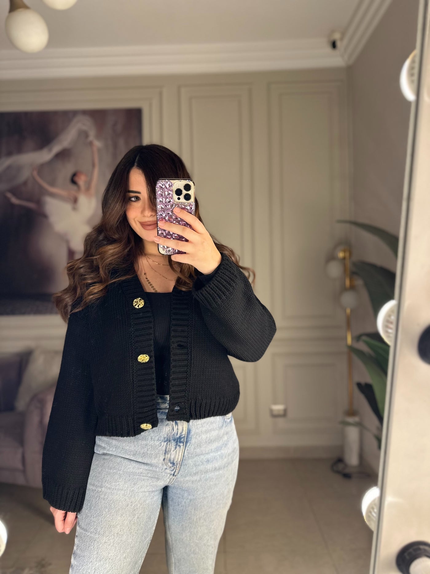 Barcelona Statement Gold Button Knitted Cardigan - Black