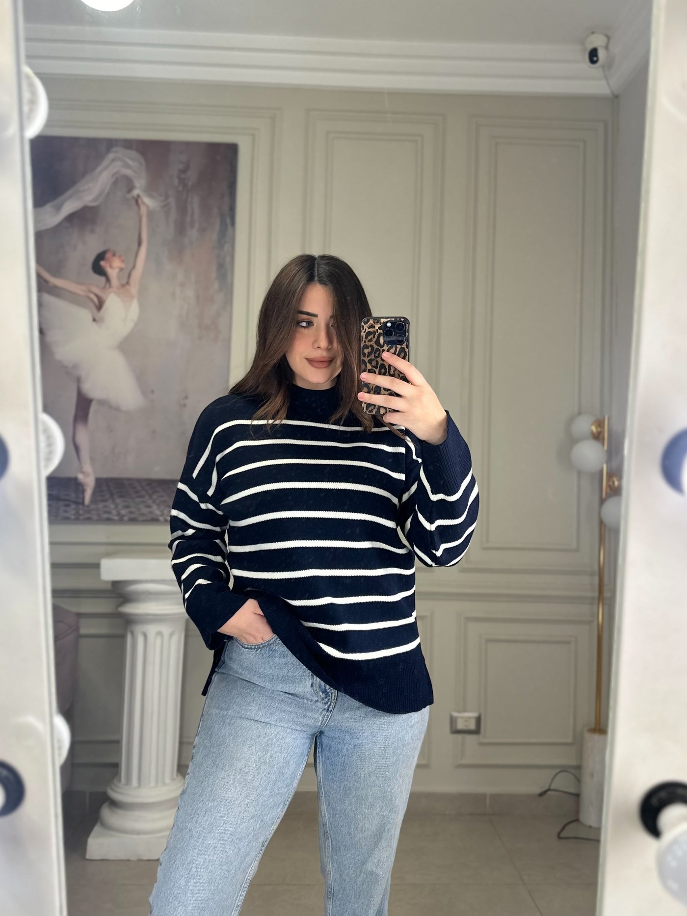 Pinterest Babe Stripped Oversized Pullover - Navy Blue