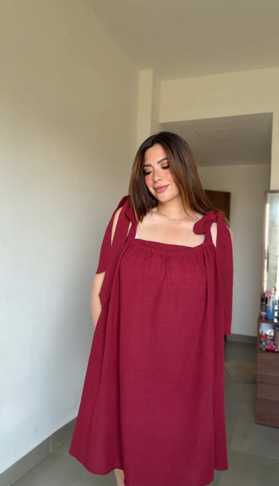 Baby Girl Linen Short Dress - Burgundy