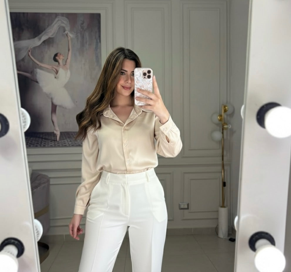 Back To Office Basic Silky Shirt - Beige