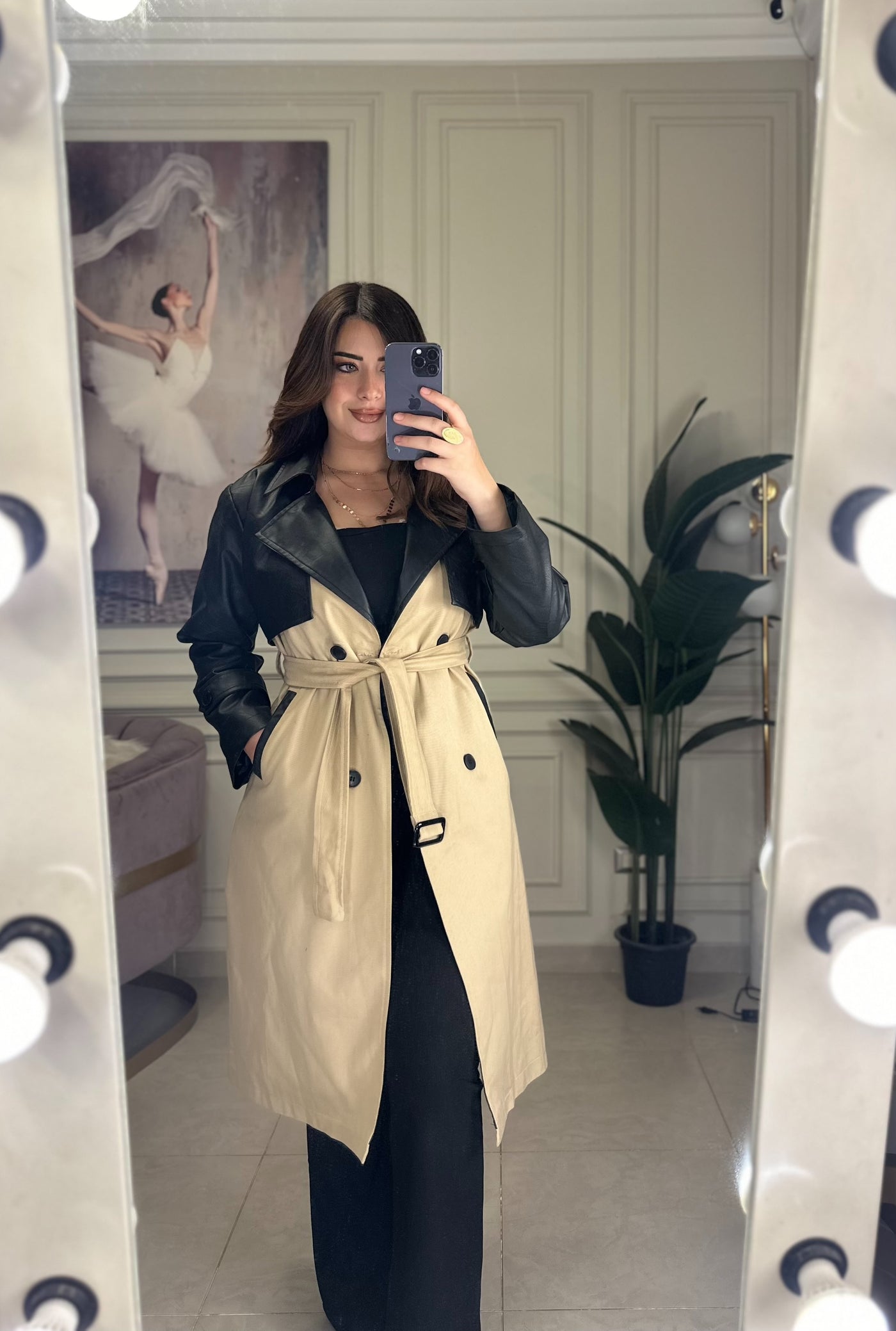 Milan Style Beige x Leather Trench Coat