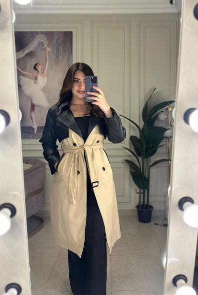 Milan Style Beige x Leather Trench Coat