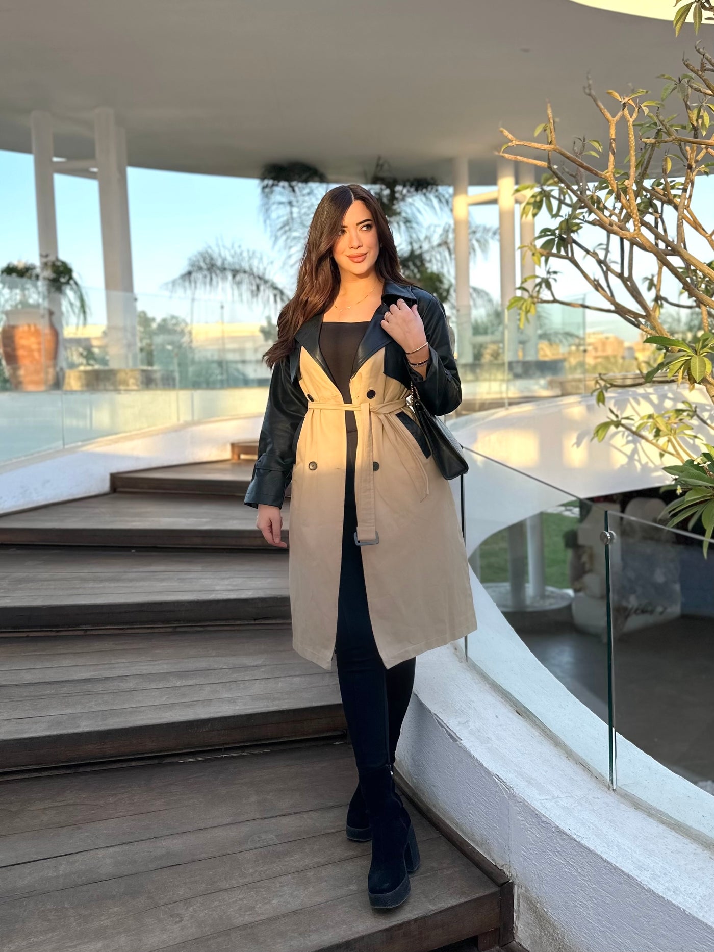 Milan Style Beige x Leather Trench Coat