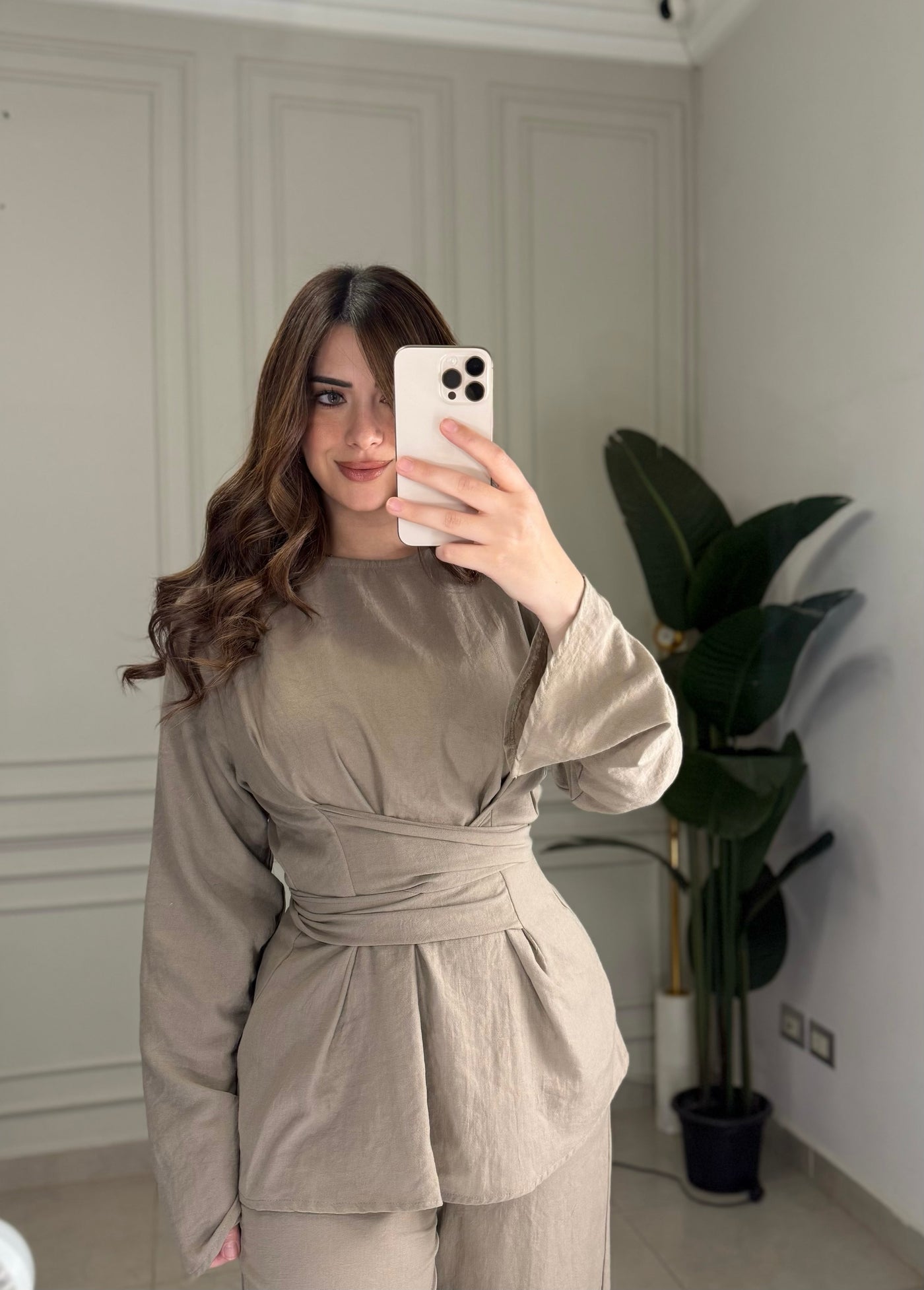 No Filter Wrap Linen Blouse-Beige