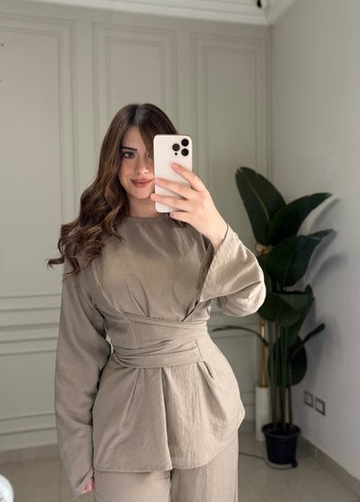 No Filter Wrap Linen Blouse-Beige