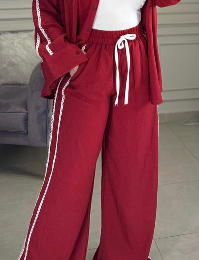 Hot Summer Lace Trim Pants - Burgundy