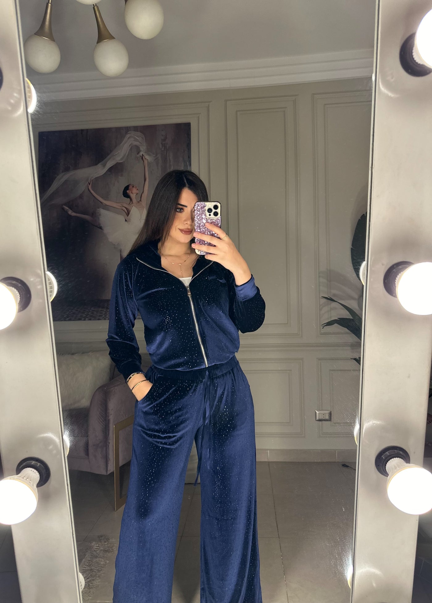 Give ME Diamonds Velvet Jogger Pants - Midnight Blue