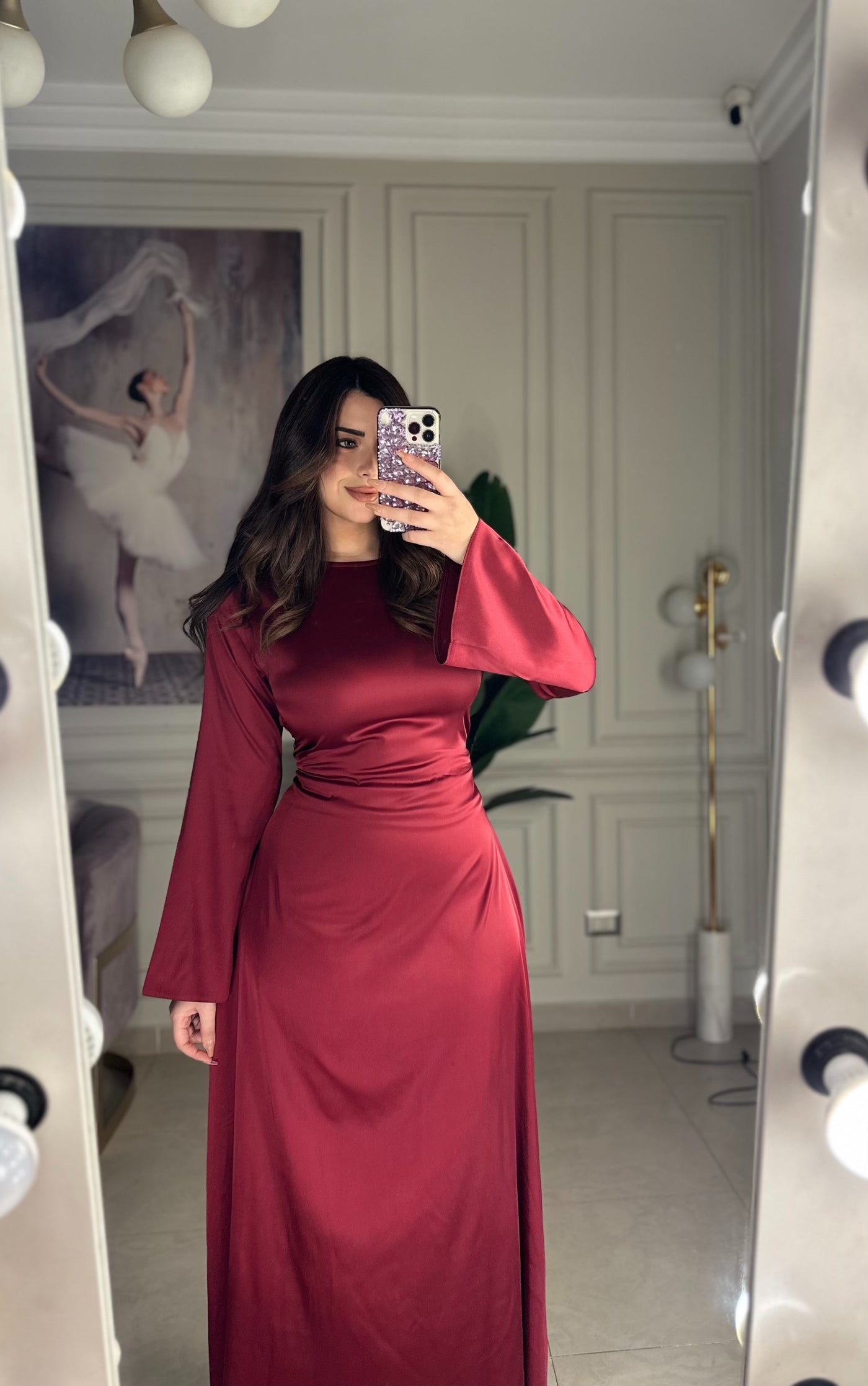 Snatched Waist Silky Basic Dress - Burgundy