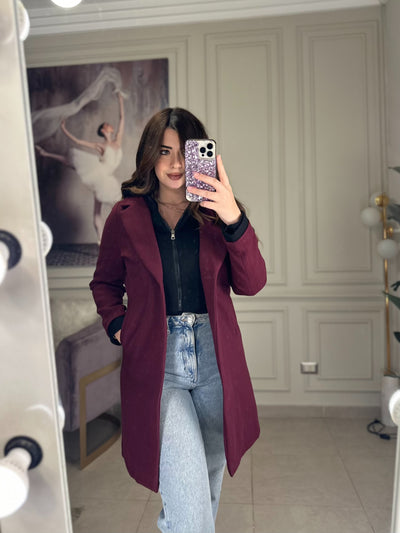 City Chic Detachable Hood Wool Coat - Burgundy