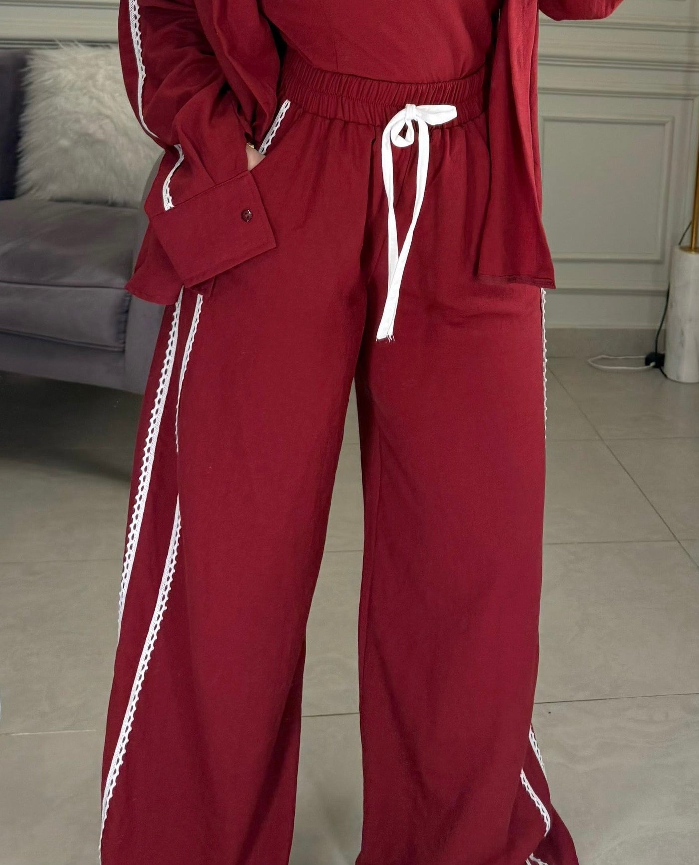 Hot Summer Lace Trim Pants - Burgundy