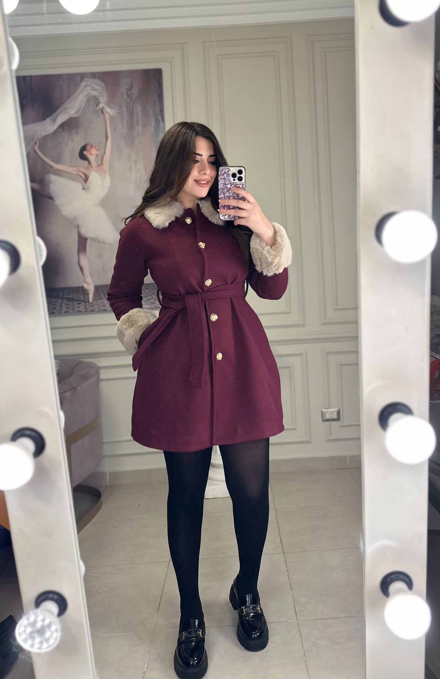 Winter Dates Fur Buttoned Jacket -Burgundy