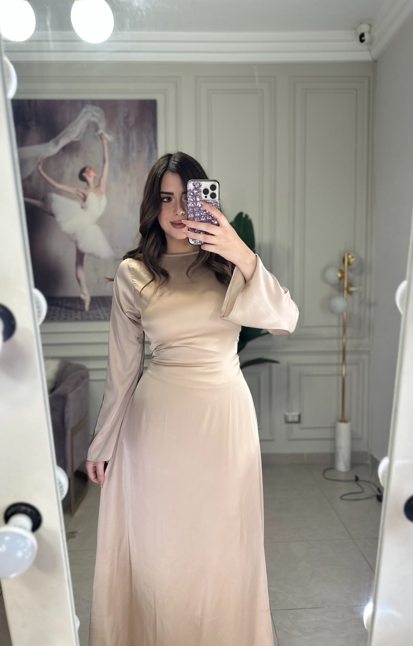 Snatched Waist Silky Basic Dress - Beige
