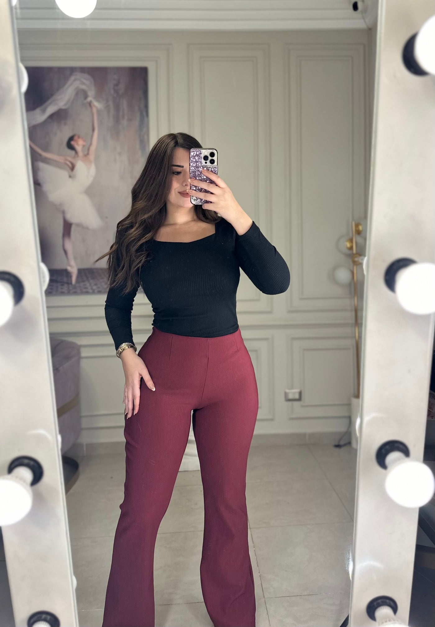 Body Shaping Warm Lined Pants - Burgundy