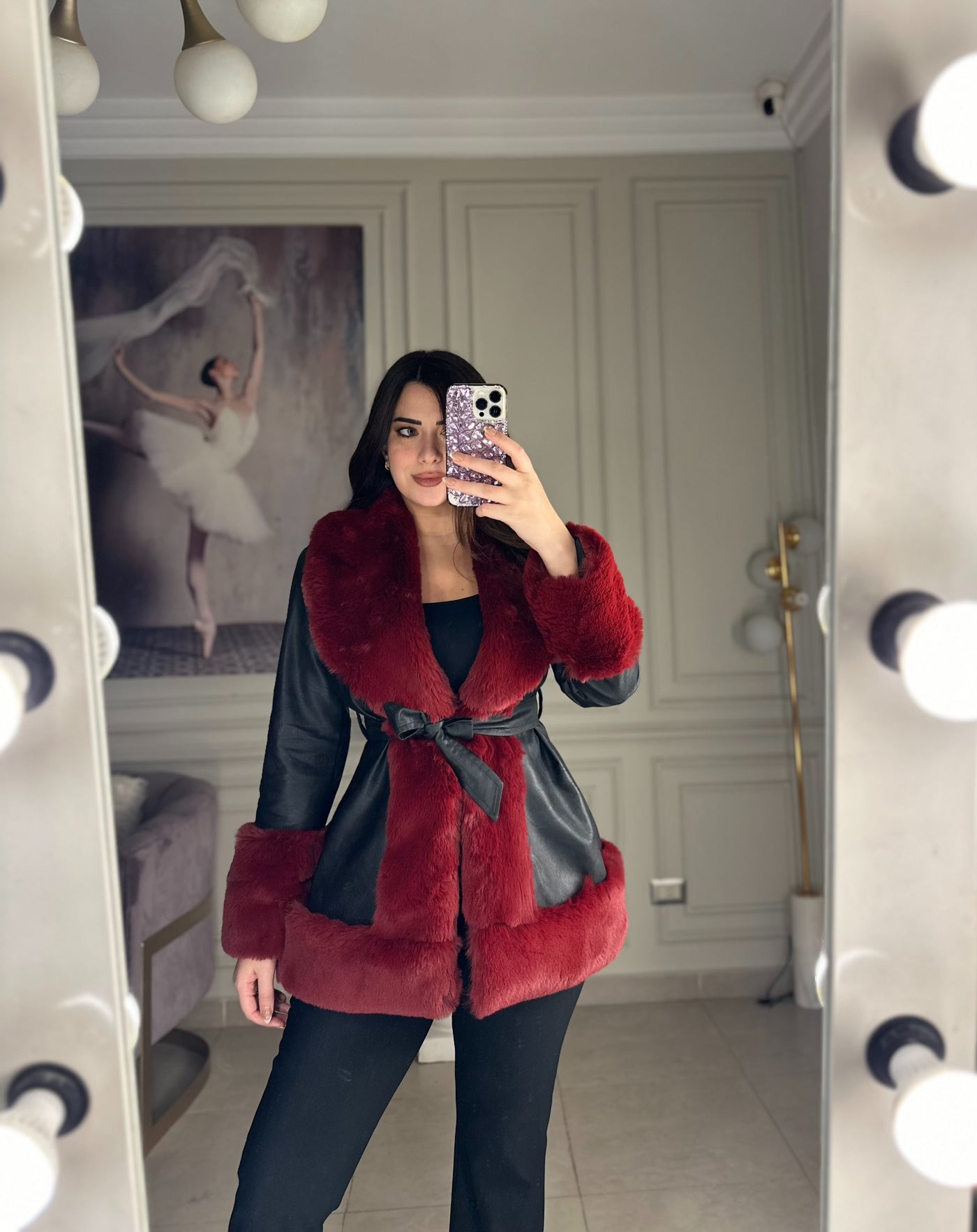 High Society Fur Leather Jacket - Burgundy