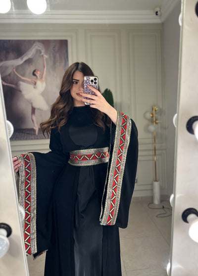 Gold Flames Long Sleeves Belted Kaftan - Black