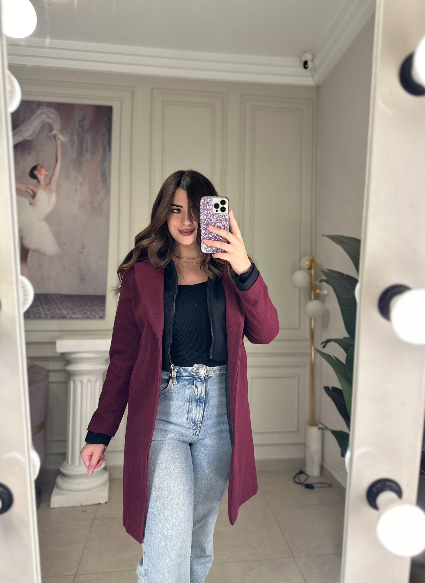 City Chic Detachable Hood Wool Coat - Burgundy