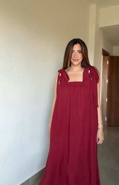 Baby Girl Linen Long Dress - Burgundy