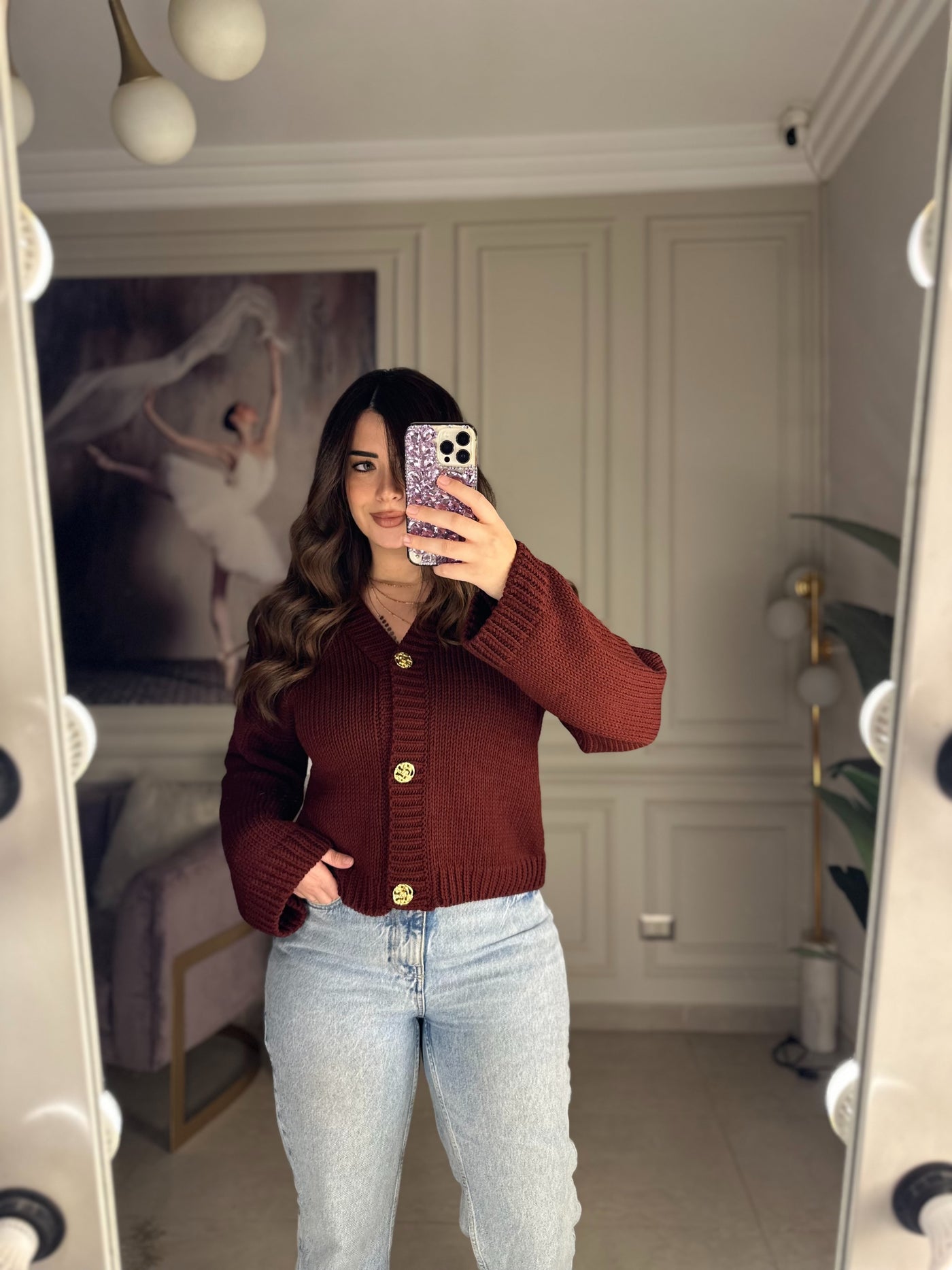 Barcelona Statement Gold Button Knitted Cardigan - Burgundy