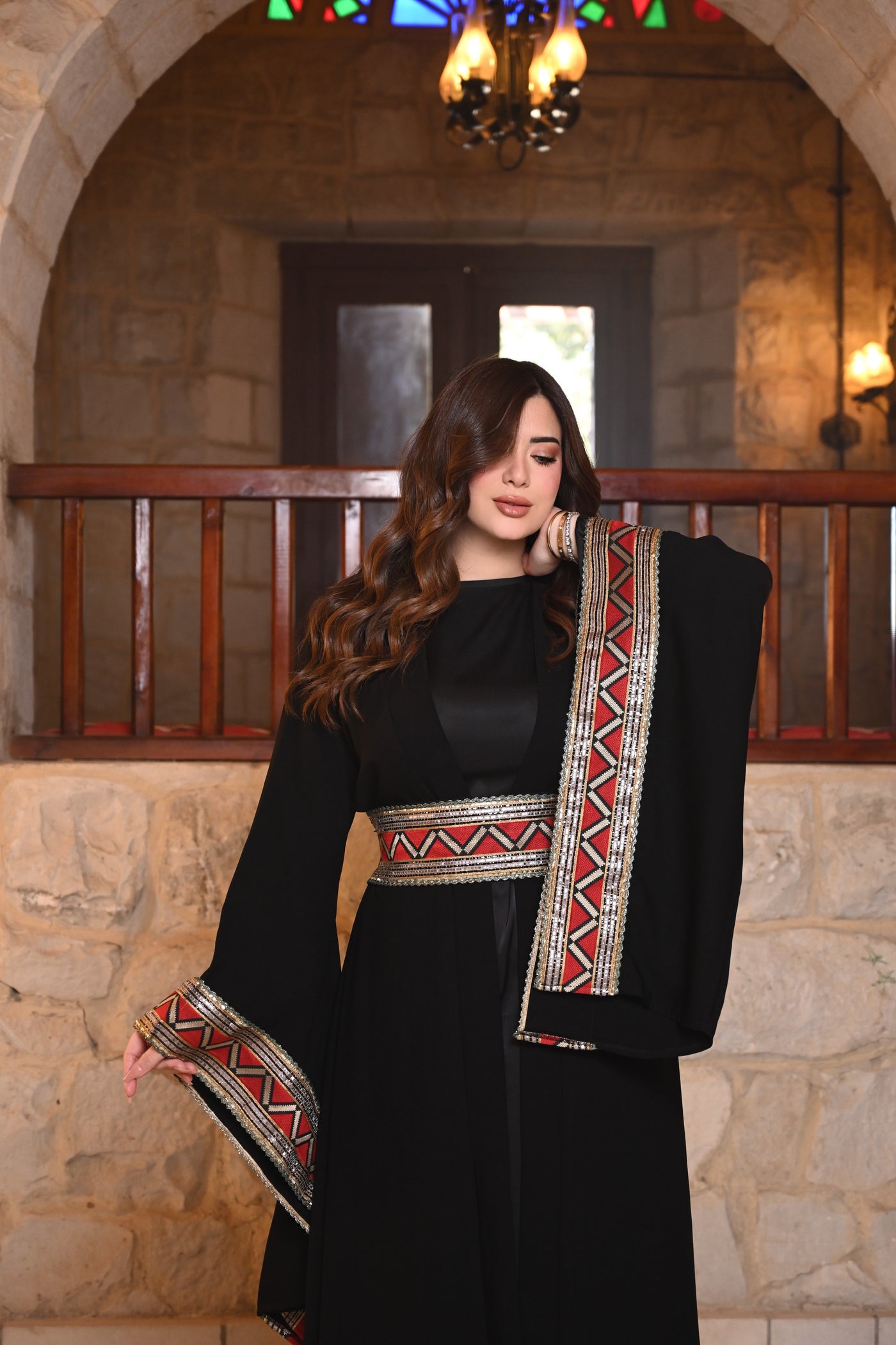 Gold Flames Long Sleeves Belted Kaftan - Black