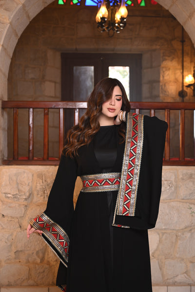 Gold Flames Long Sleeves Belted Kaftan - Black