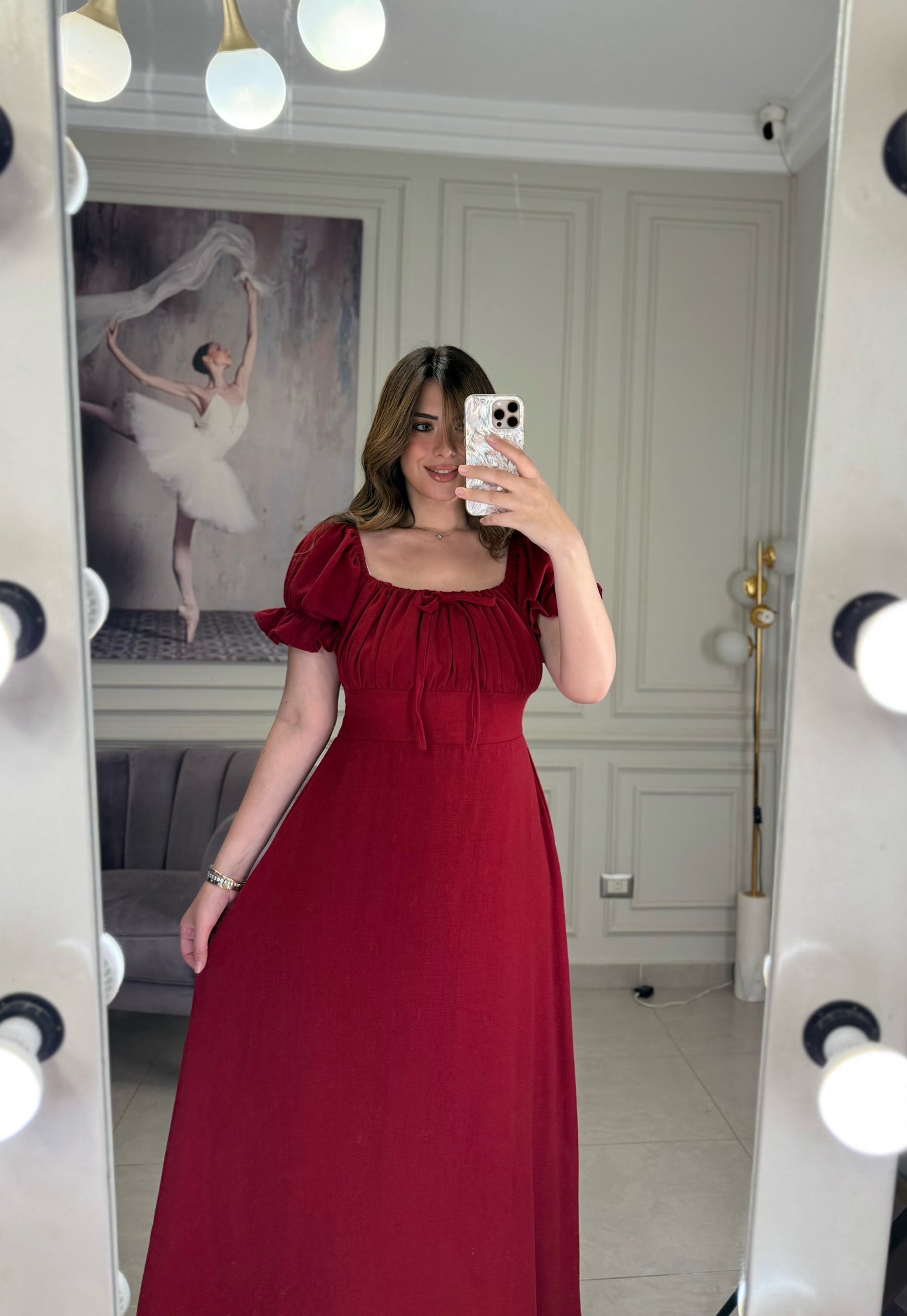 Soft Girl Era Linen Dress Half Sleeves - Burgundy