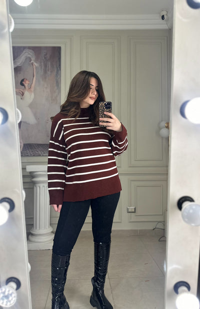 Pinterest Babe Stripped Oversized Pullover - Burgundy