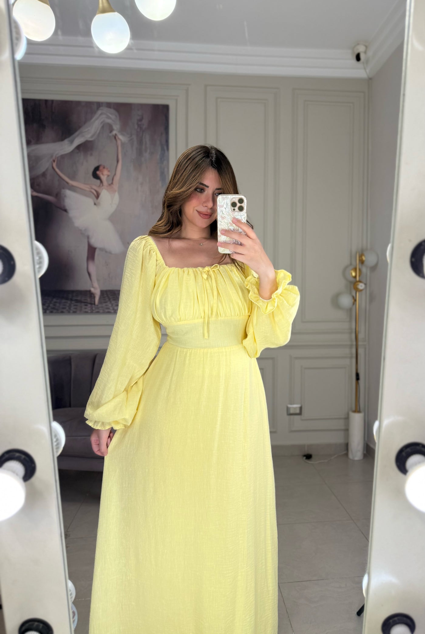 Soft Girl Era Linen Dress Long Sleeves - Yellow