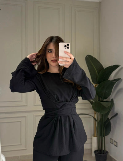 No Filter Wrap Linen Blouse-Black
