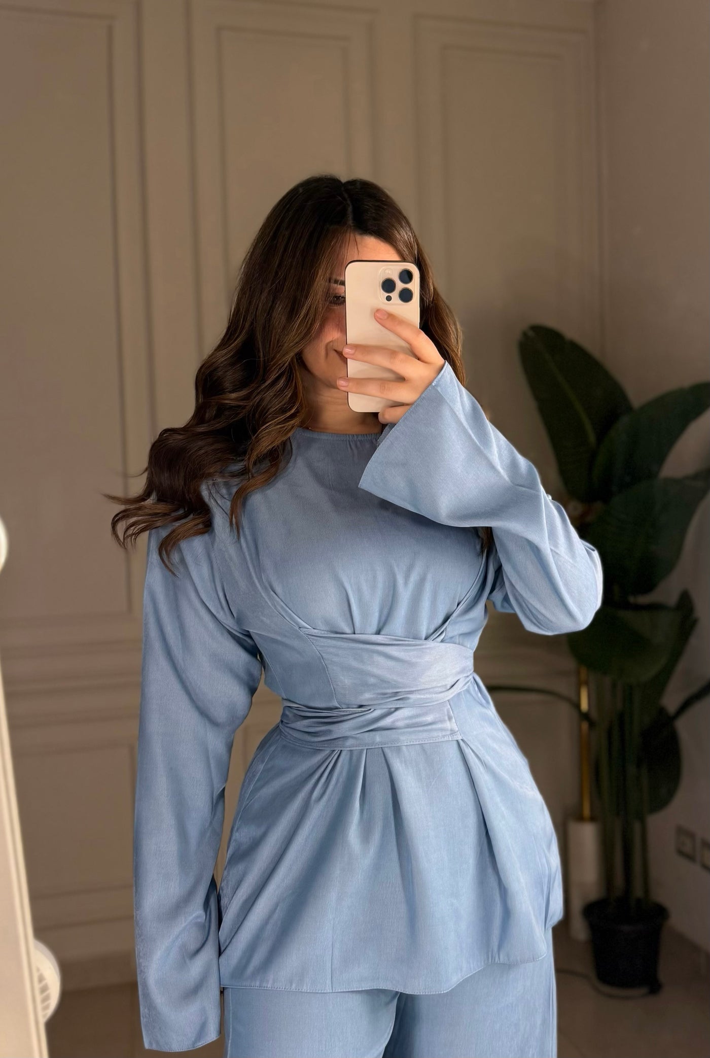 No Filter Wrap Linen Blouse-Baby blue