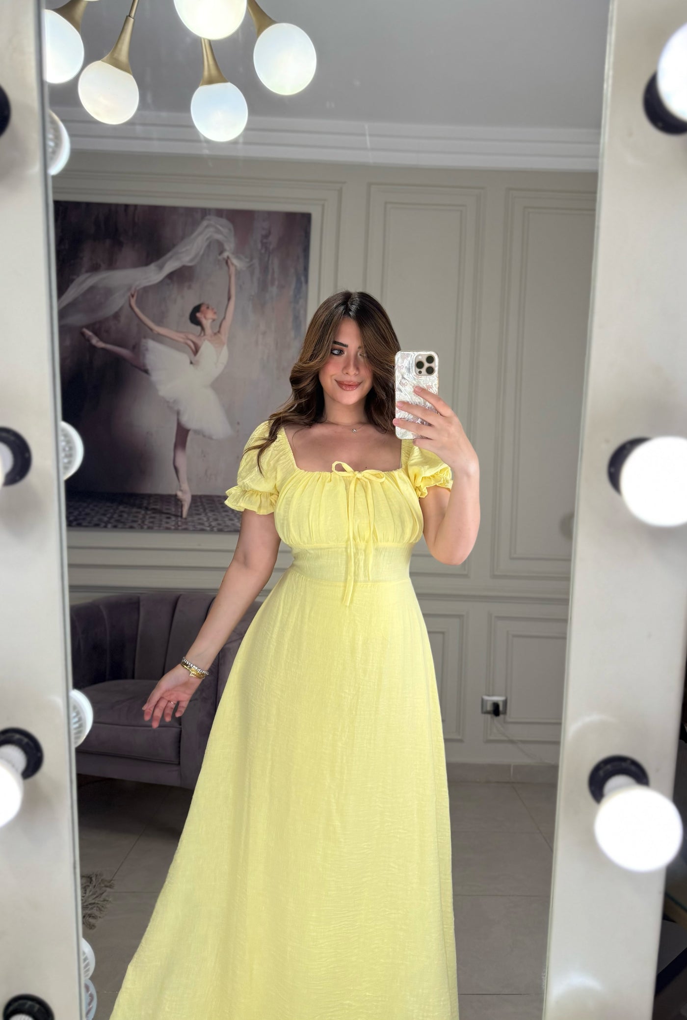 Soft Girl Era Linen Dress Half Sleeves - Yellow