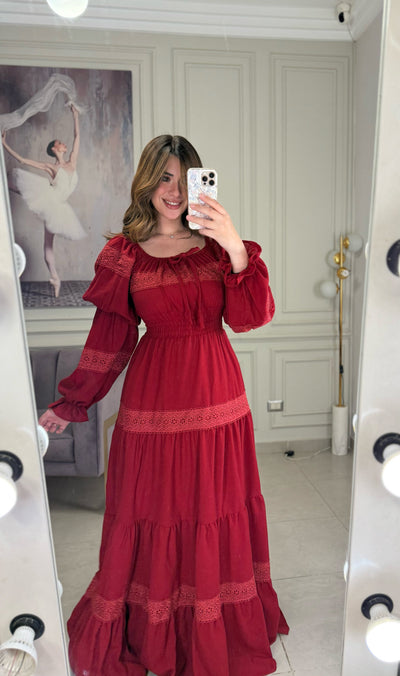 Brazilian Boho Lace Dress - Burgundy