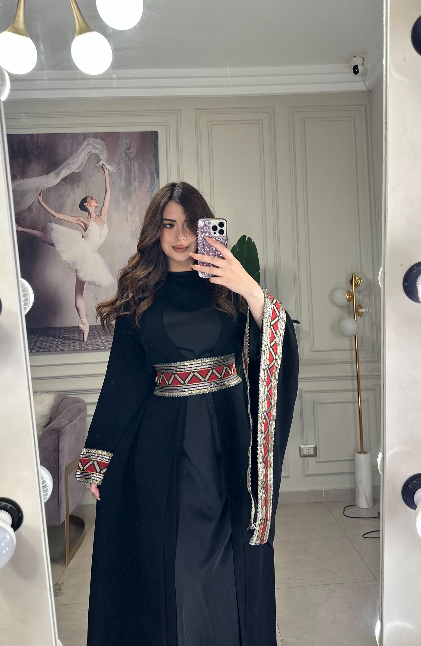 Gold Flames Long Sleeves Belted Kaftan - Black