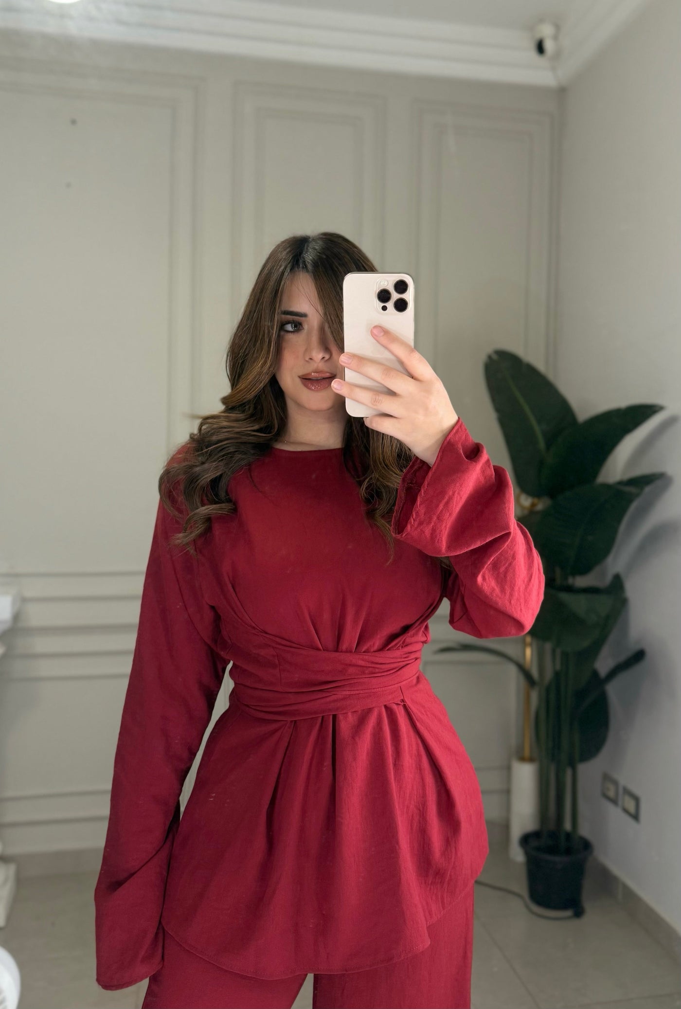 No Filter Wrap Linen Blouse-Red