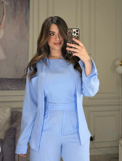 Morning Date Linen Top - Baby Blue