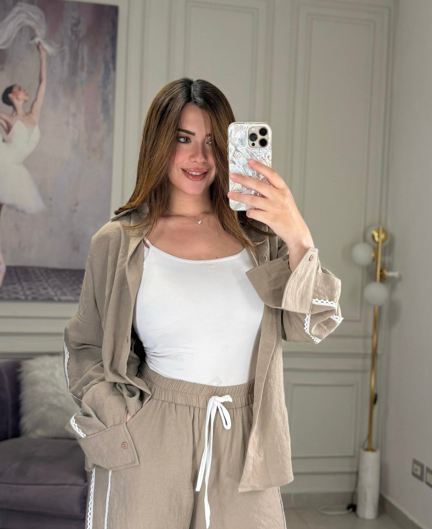 Hot Summer Lace Trim Shirt - Cafe